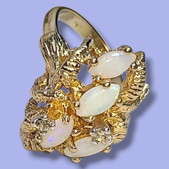 Vintage 18K HGE Gold Plated 4 White Opals & CZ Cocktail Ring Size 4.5 - Picture 12 of 16